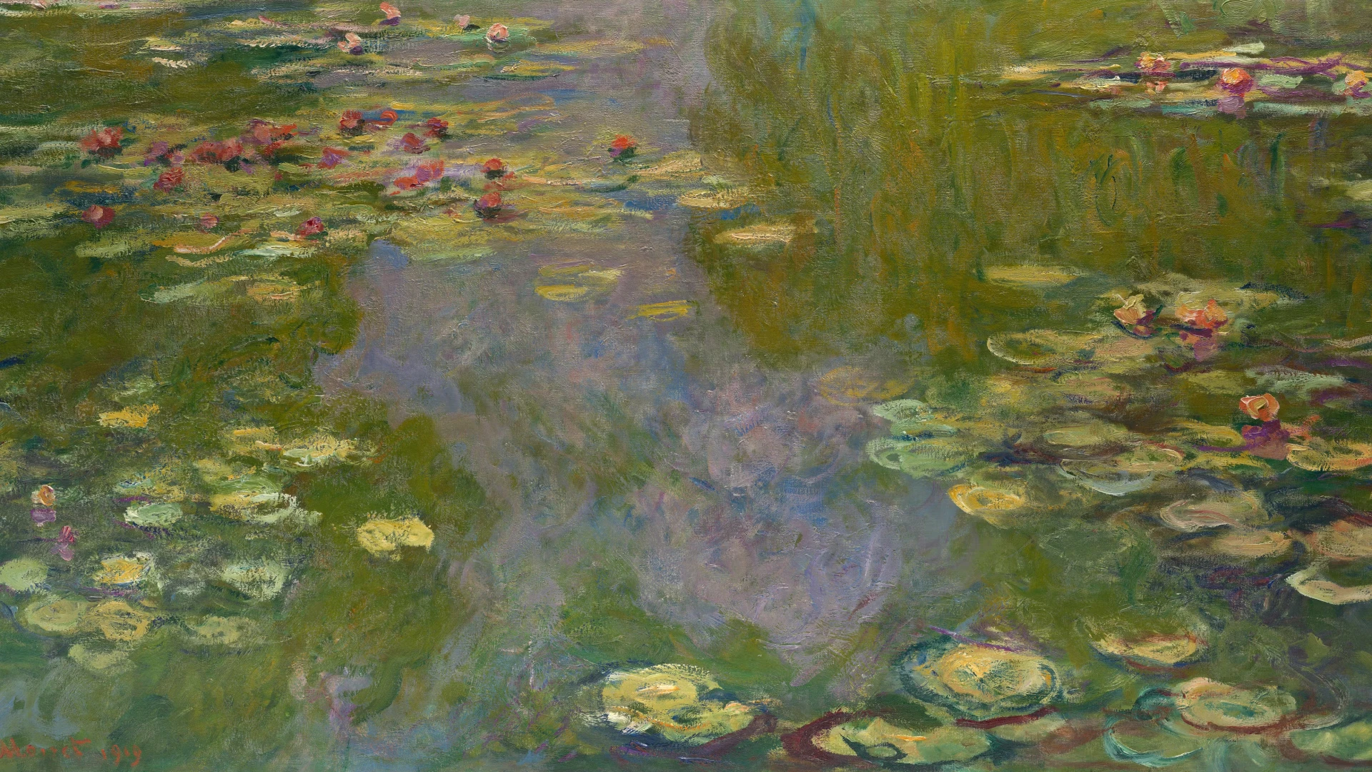 Water lilies floating across a softly painted garden pond